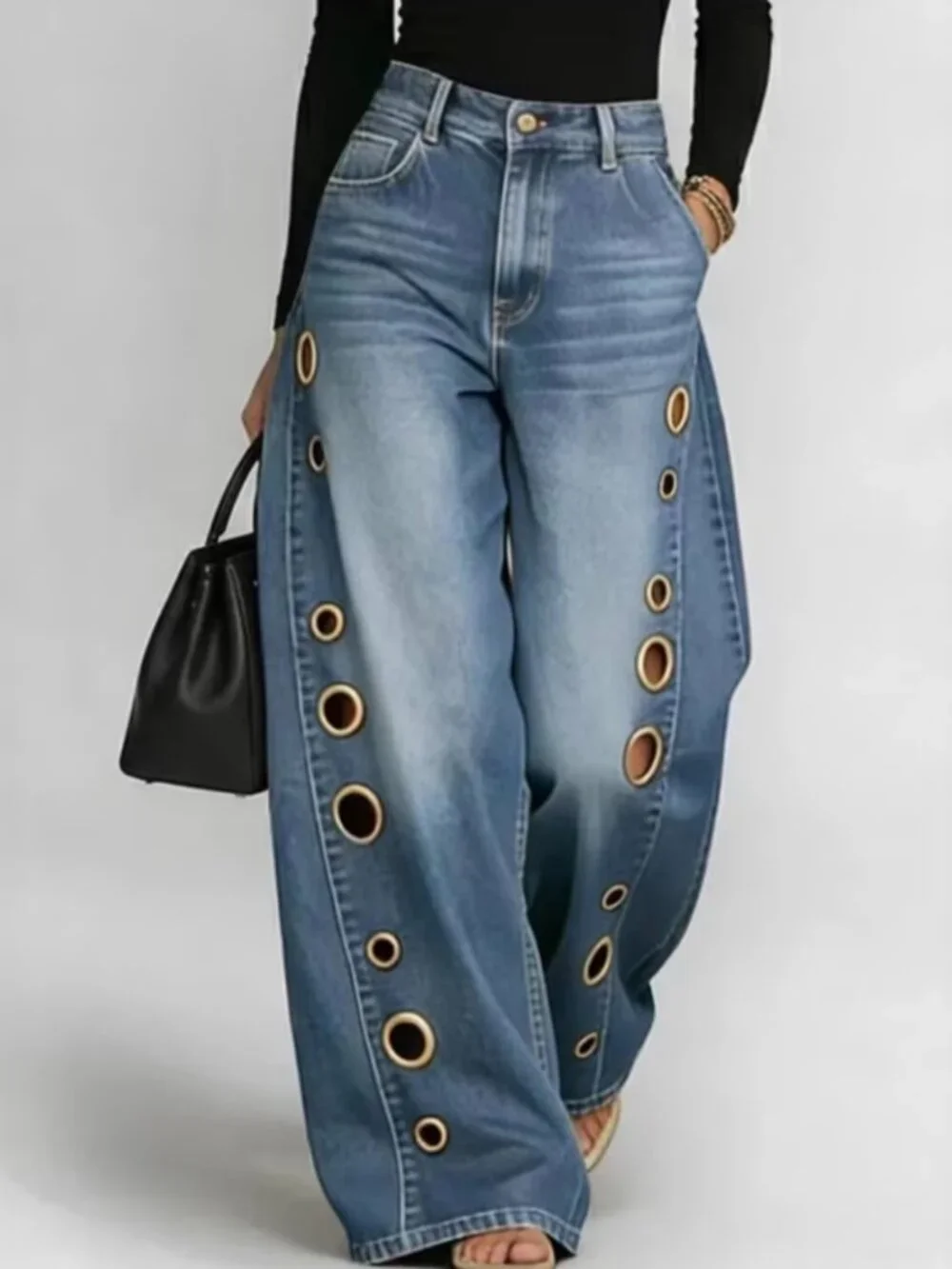 Vintage Washed High Rise Baggy Wide Leg Jeans for Women Classic Five Pocket